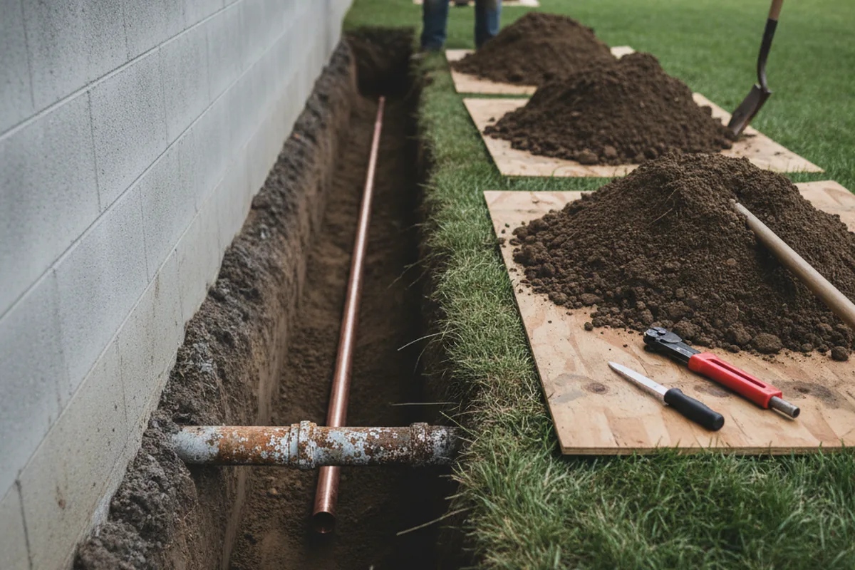 Excavated water line trench during Sewer Line Repair in Germantown